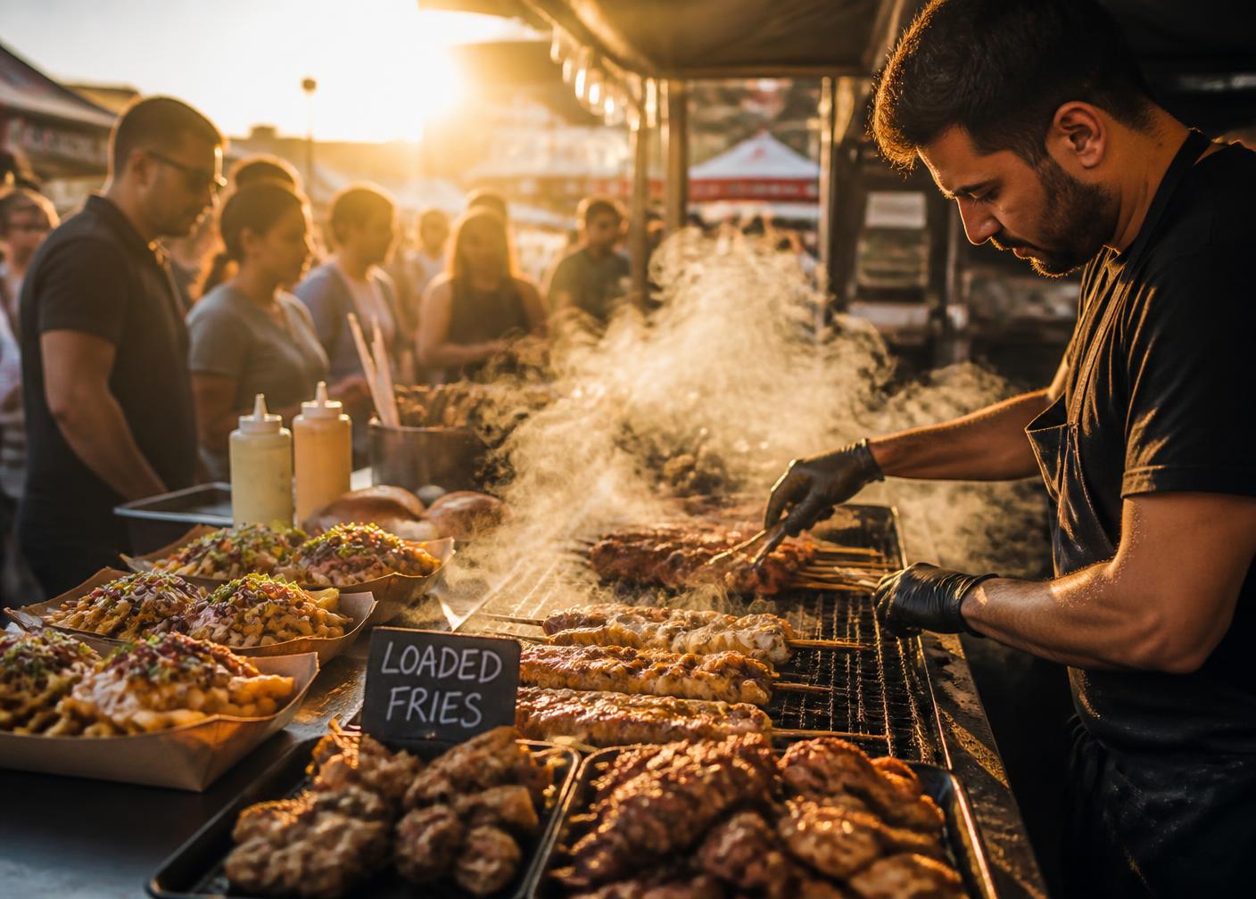 Blissful Bites pop-up setup grilling at golden hour