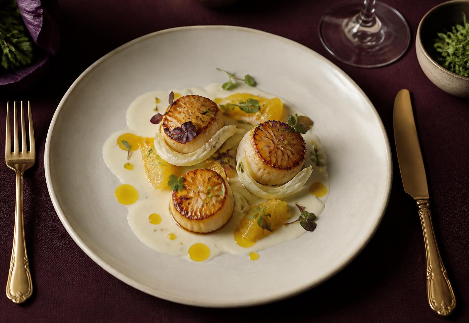 Seared scallops with citrus emulsion plated on a cream ceramic plate
