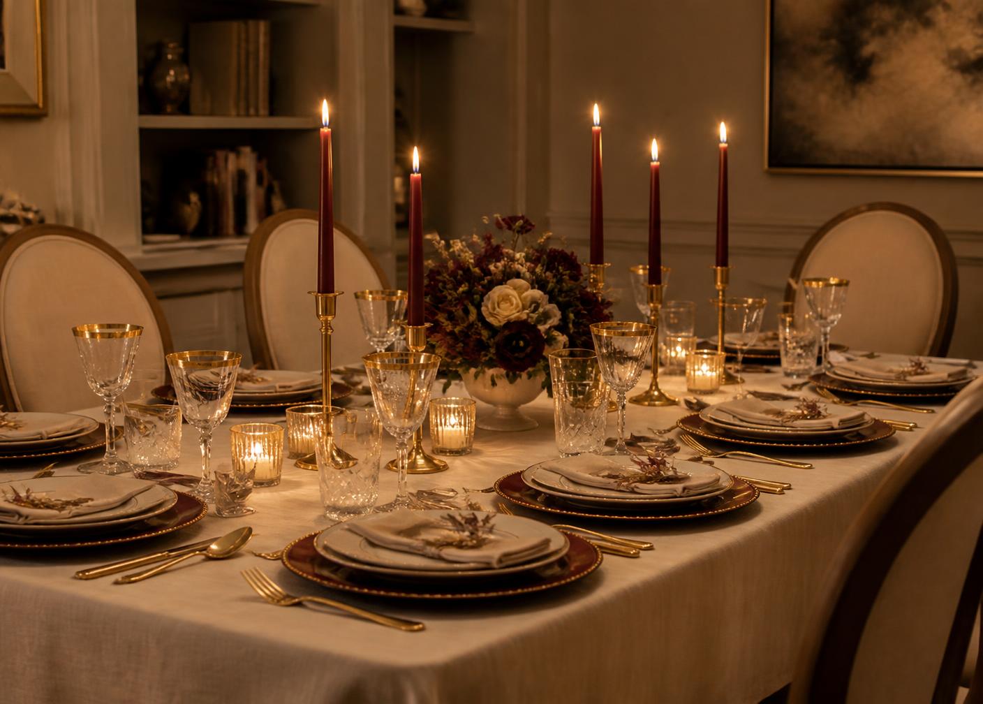 Candlelit private dinner table set with cream linen and gold glassware